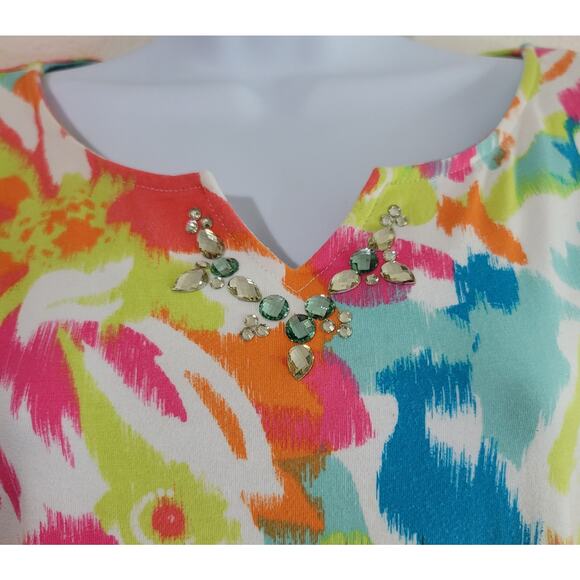 Ruby Rd. White Multi Color Abstract Print Top Small Rhinestones Soft Lightweight - Picture 2 of 4